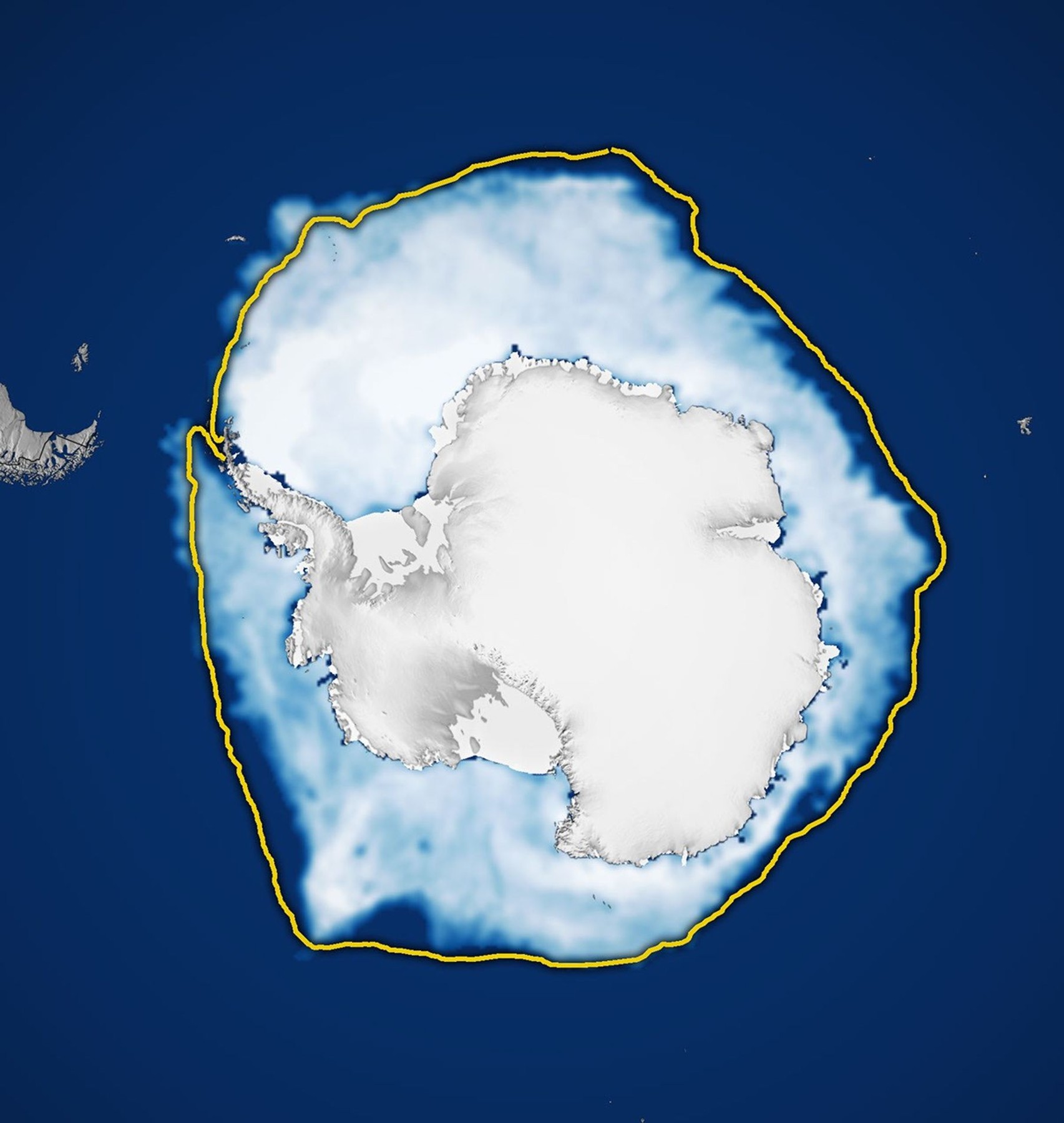Mapa satelital del hielo marino alrededor de la Antártida.